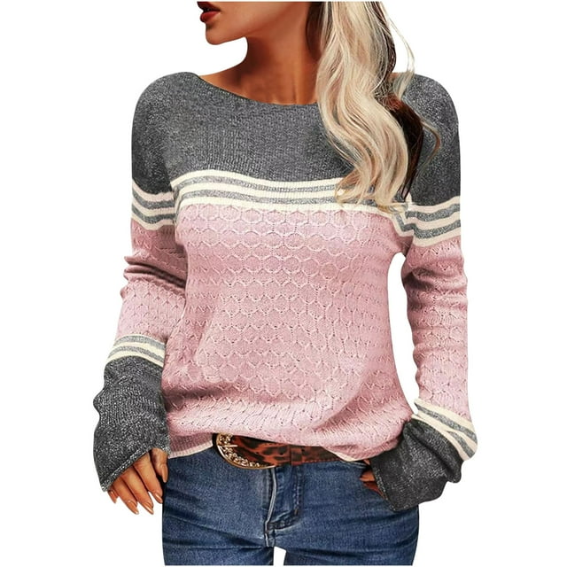 EGNMCR Chandail à Col Rond pour Femme, Chandail à Rayures à Agencement de Couleurs, Chandail pour Femme