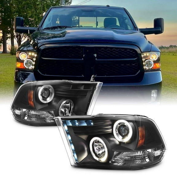AKKON - For 09- 18 Dodge Ram Pickup Truck Black Bezel Dual LED Ring Projector Headlights Replacement Pair