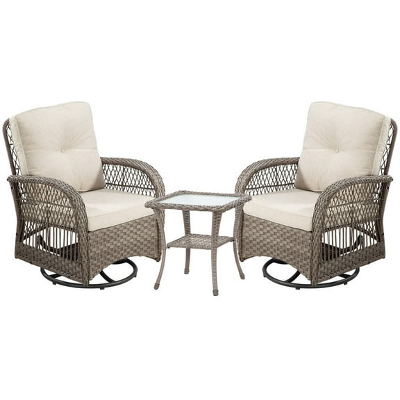 GAZEBETER 3 Pieces Rattan Patio Furniture Set,Outdoor Rocking Chairs Set of 3,Wicker Chairs with Glass Top Side Table for Porch,Deck,Garden,Backyard,Beige