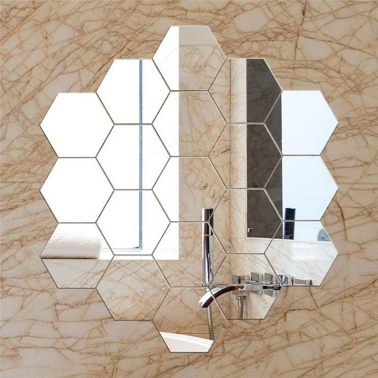 FYCONE 12Pcs DIY Wall Sticker Hexagonal 3D Mirror Self Adhesive Mirror  Tiles for Home Decoration 