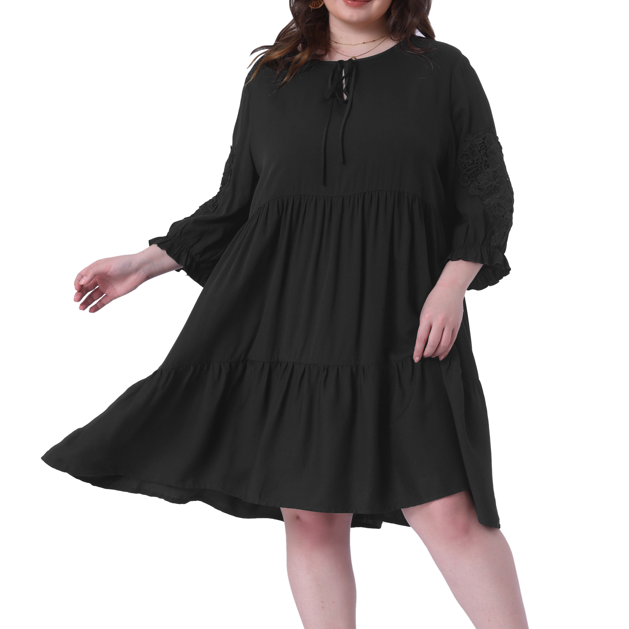 DARING DIVA Plus Size Tie Neck Lace Sleeve Casual Ruffle Midi Flowy Dress 2X Black