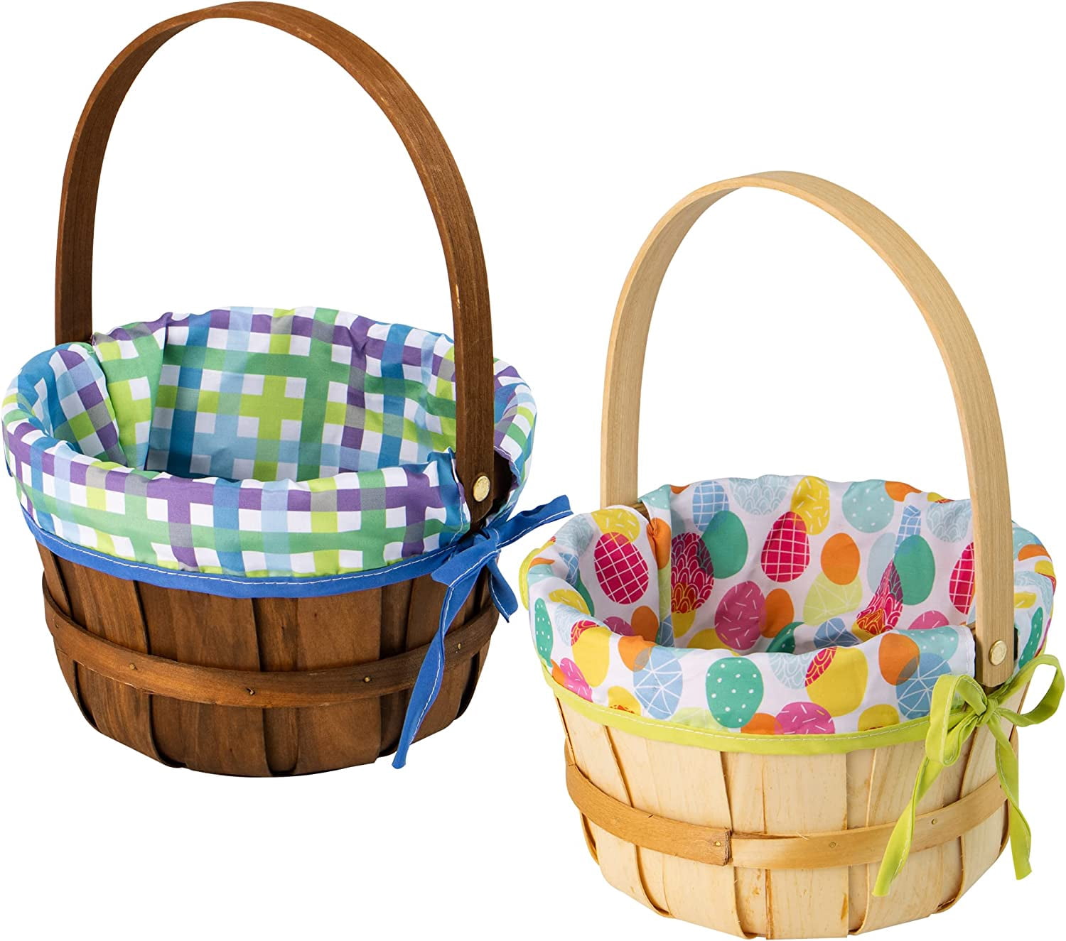 2 Pcs Easter Natural Woven Woodchip Basket with Lining, Wicker Wooden Easter Eggs Hunting Basket with Handle for Picnic, Gift Packing, Candy Storage and Party Favors Decorations(12.2" X8.7")