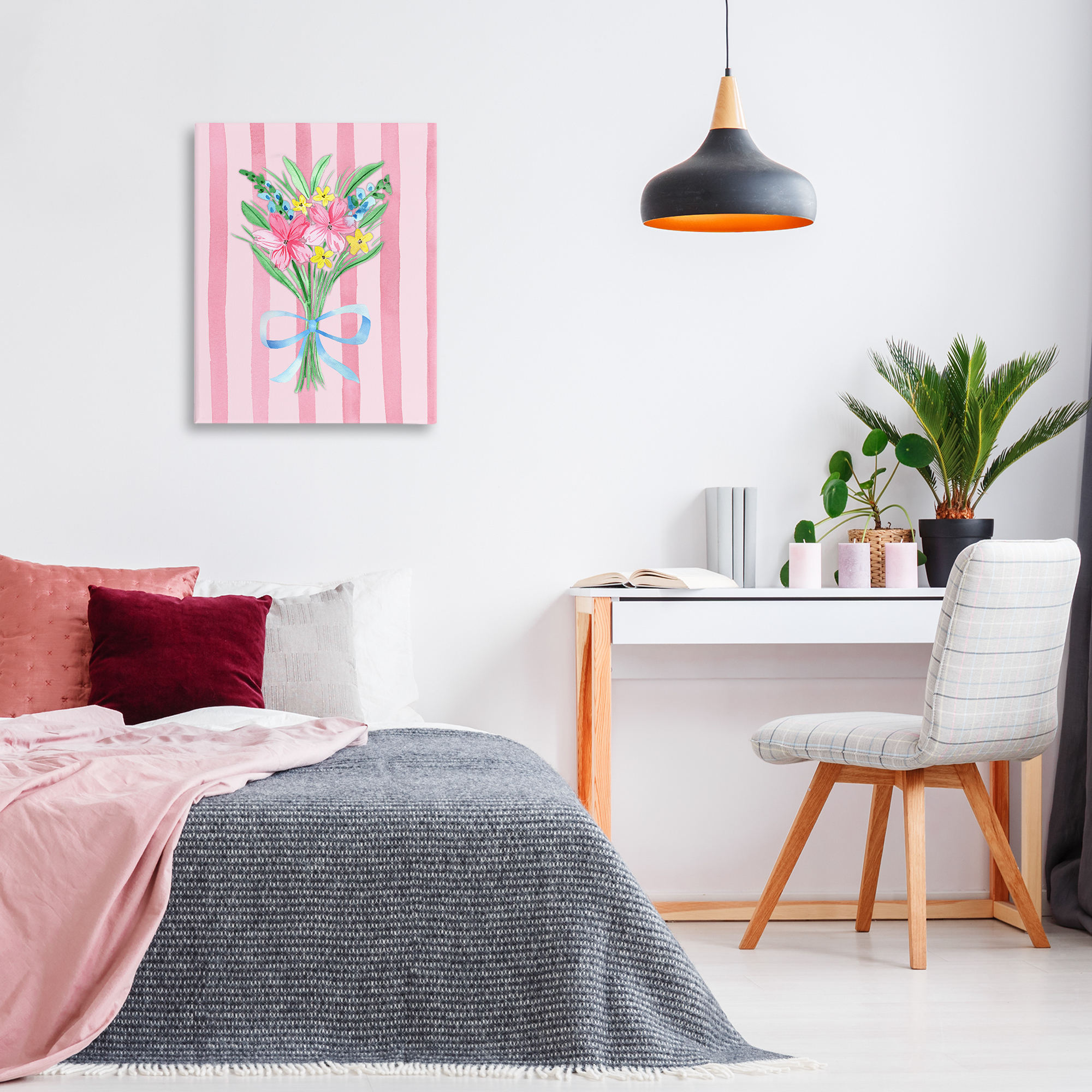 Spring Bouquet & Bow Stripes Canvas Wall Art, design by Nina Jacobs