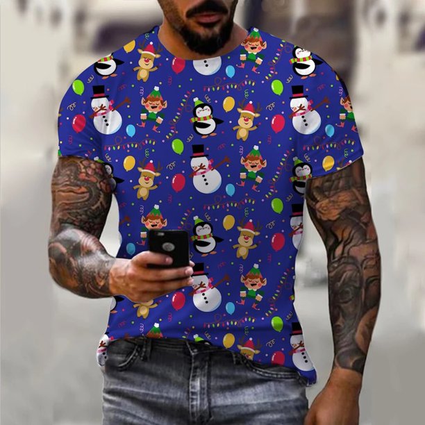 Camiseta con estampado 3D de Papá Noel y alce navideño para hombre, ropa informal suelta con cuello redondo, camisetas de verano, pantalón corto informal, Tops de manga, ropa para hombre