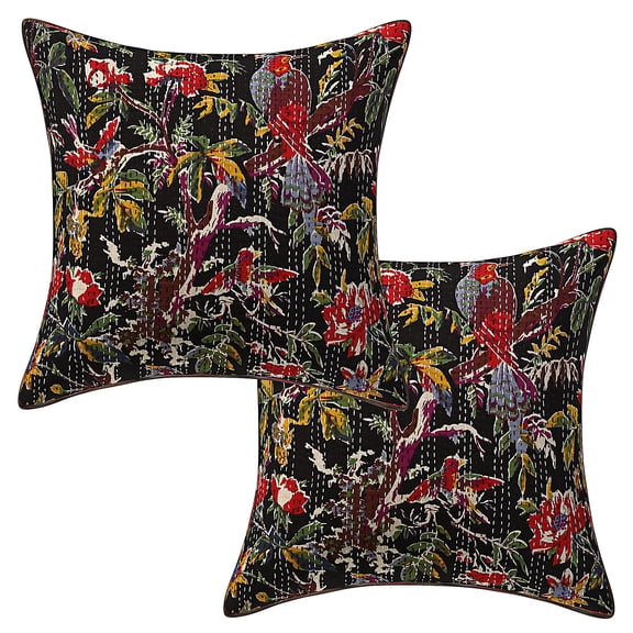 Stylo Culture Ethnic Sofa Throw Pillow Covers 16 x 16 Kantha Embroidered Black Traditional 40 x 40 cm Home Decor Cotton Bird Floral Square Cushion Covers | Set Of 2