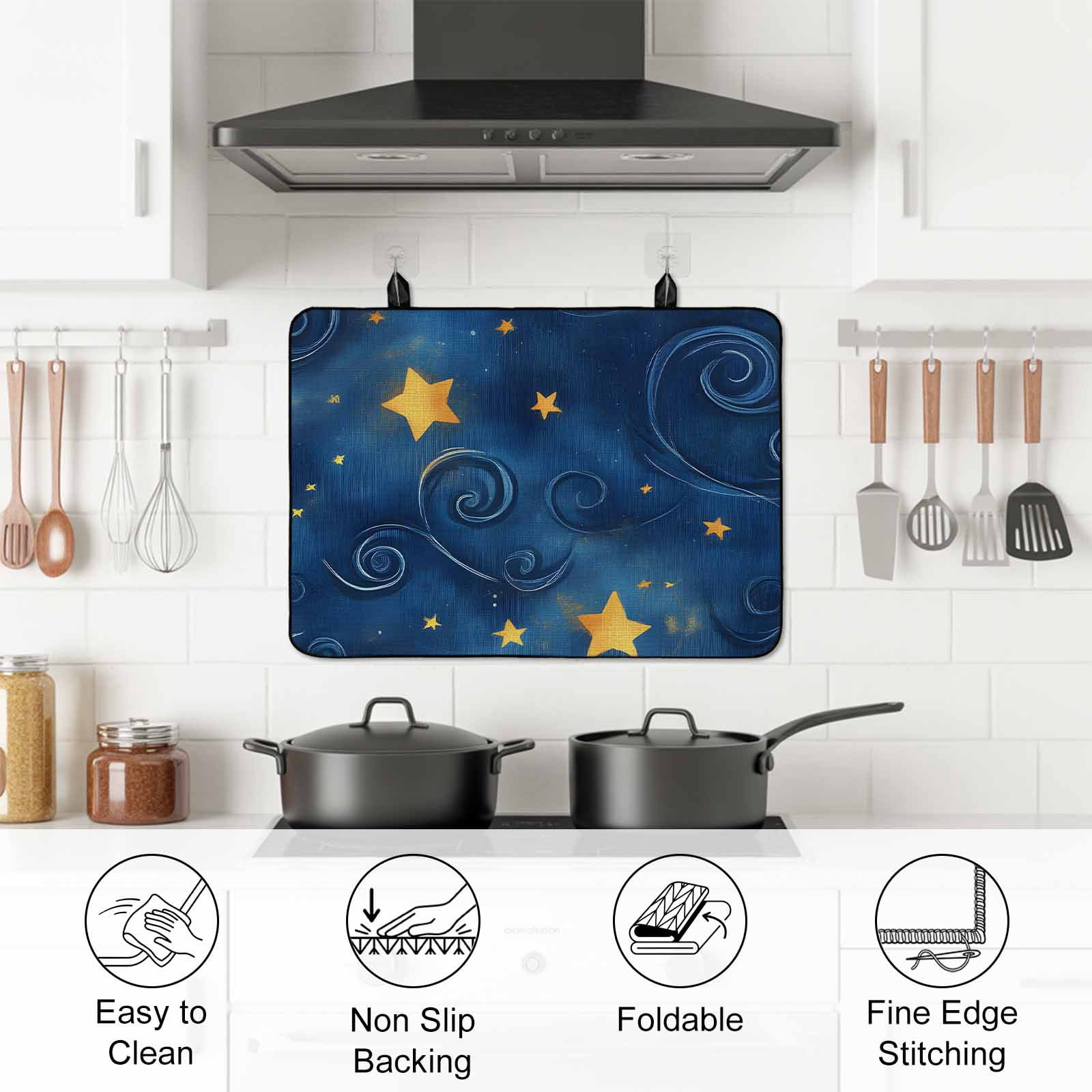 Navy Blue Yellow Star Stove Top Cover for Electric Stove, Heat-proof & Non Slip Glass Top Stove Cover Protector, Starry Sky Vintage Kitchen Flat Cooktop Rubber Mat 31x24 Inches
