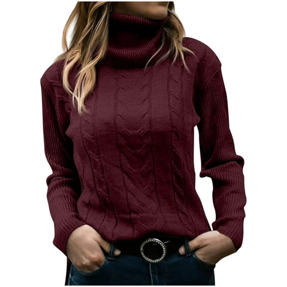 Xuniizn Turtleneck Tops for Women, Chunky Cable Knit Solid Color Slim Long Sleeve Pullover Sweaters, Thick Insulated Soft Cozy Stylish Classic Outdoor Casual Sweater Tops