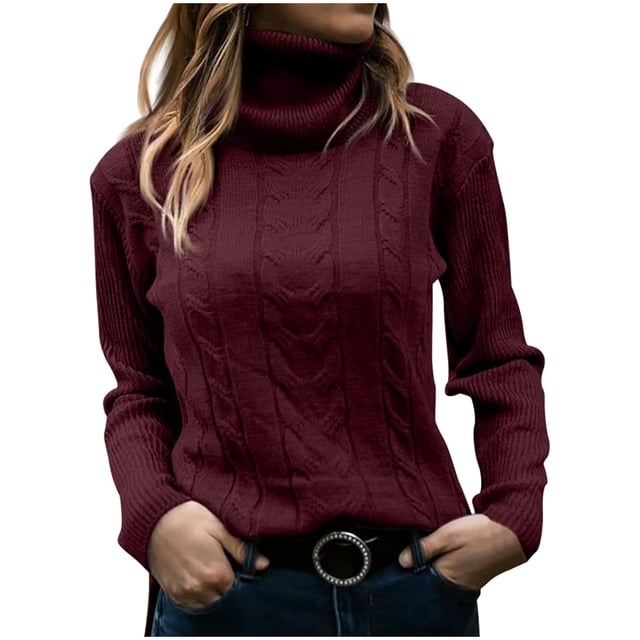 Dvkptbk Pull-Over Femme Couleur Unie Mode Col Roulé Pull-Over Décontracté Tricoté Manches Longues Pull-Over