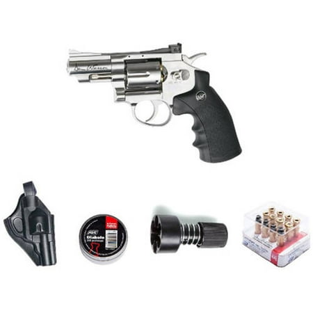 Dark Silver Air - ASG Dan Wesson Revolver Pellet Air Gun with Holster/Cartridges/Extra BBs/Speed Loader, Silver, 2.5