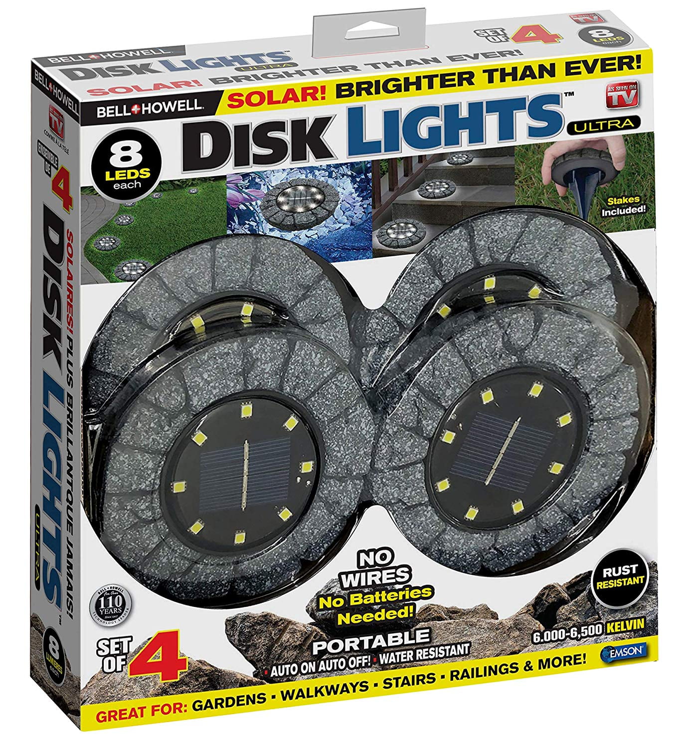 Bell Howell Disk Lights Stone Heavy Duty Outdoor Solar Pathway 8 Led Auto On Off Water Resistant With Included Stakes For Garden