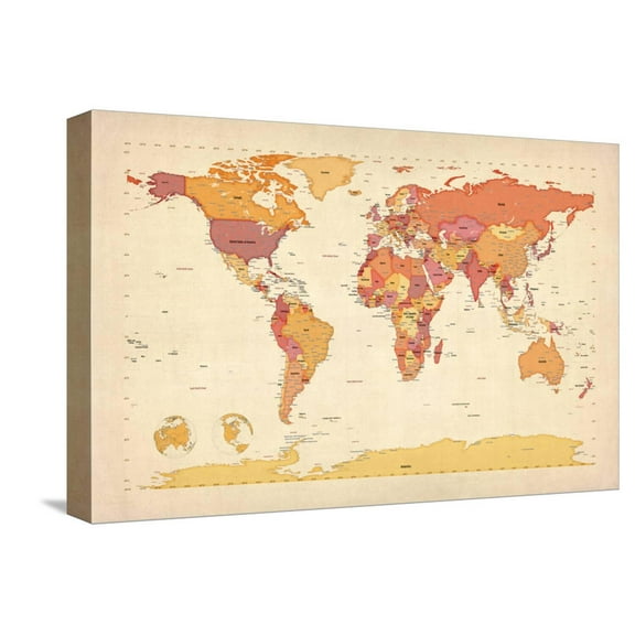 Art.com Political Map of the World Map Stretched Canvas Print Wall Art by Michael Tompsett, 18" x 12"