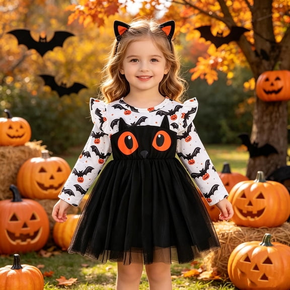 HNMKIU Halloween for Girls Bat Pumpkin Print Long Sleeve Dress For Halloween Party Performance Adorable Style Kids White - 2-3 Years