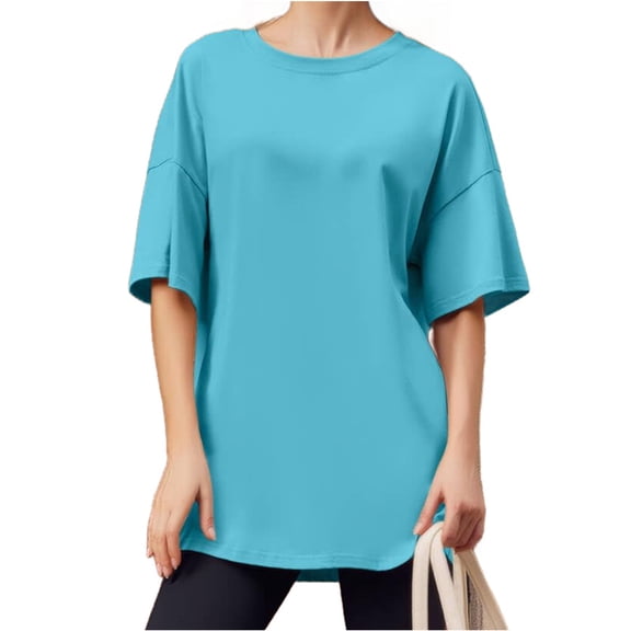 Summer Solid Color Women Loose T-shirt Crew Neck Casual Oversize Drop Shoulder Shirt Tops