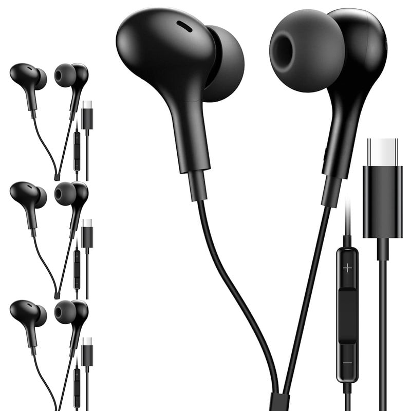 4 Pack Afflux Type C Wired Headphones USB-C Earbuds Earphones Compatible with iPhone 16 Pro Max / 16 Pro / 16 Plus / for Samsung Galaxy S24/S23/S22/S21 Ultra, Google Pixel 8/7/6/6a, Black