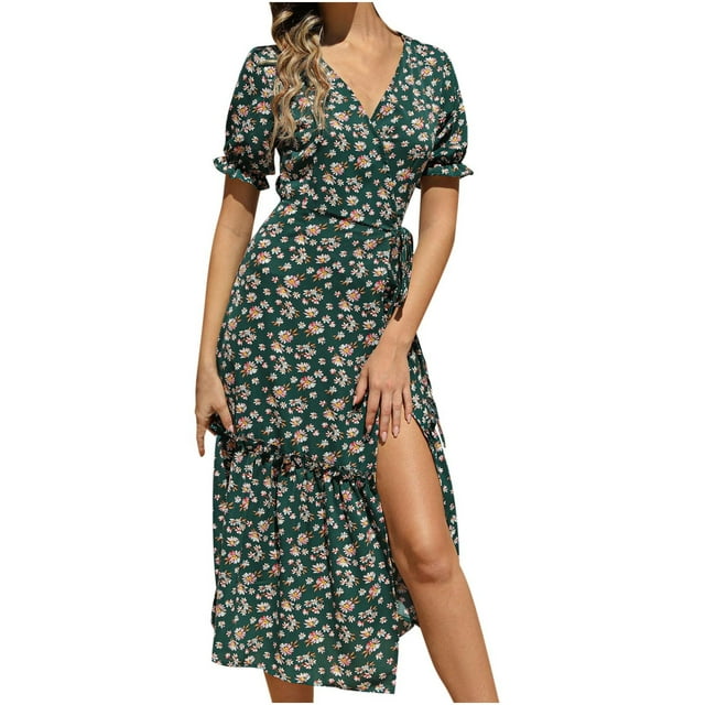 Chaussures Habillées pour Femmes Mode Décontractée Col en V Chiffon Floral Boho Plage Manches Courtes Robe Manches Courtes Robe Boho Plage Robe Courte Boho Sandales Mode pour Femmes