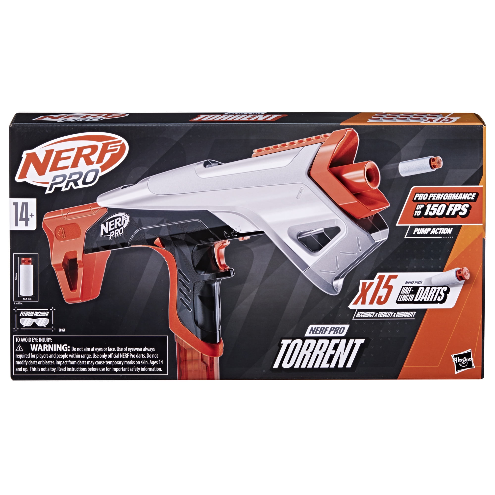 Nerf Pro Torrent Half-Length Dart Blaster, 15 Nerf Pro Half-Length Darts, Magazine, 14+