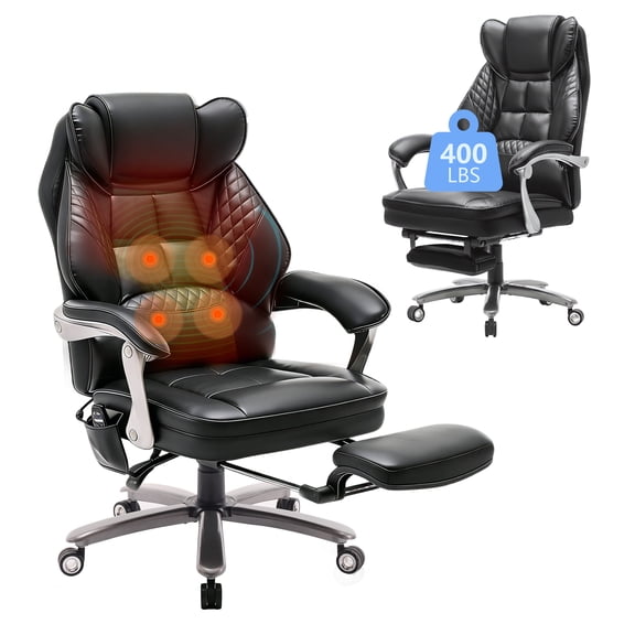 EOP Massage Big and Tall Office Chair with Heat and 4 Vibration Points, Executive Desk Chair with Adjustable Footrest, Black