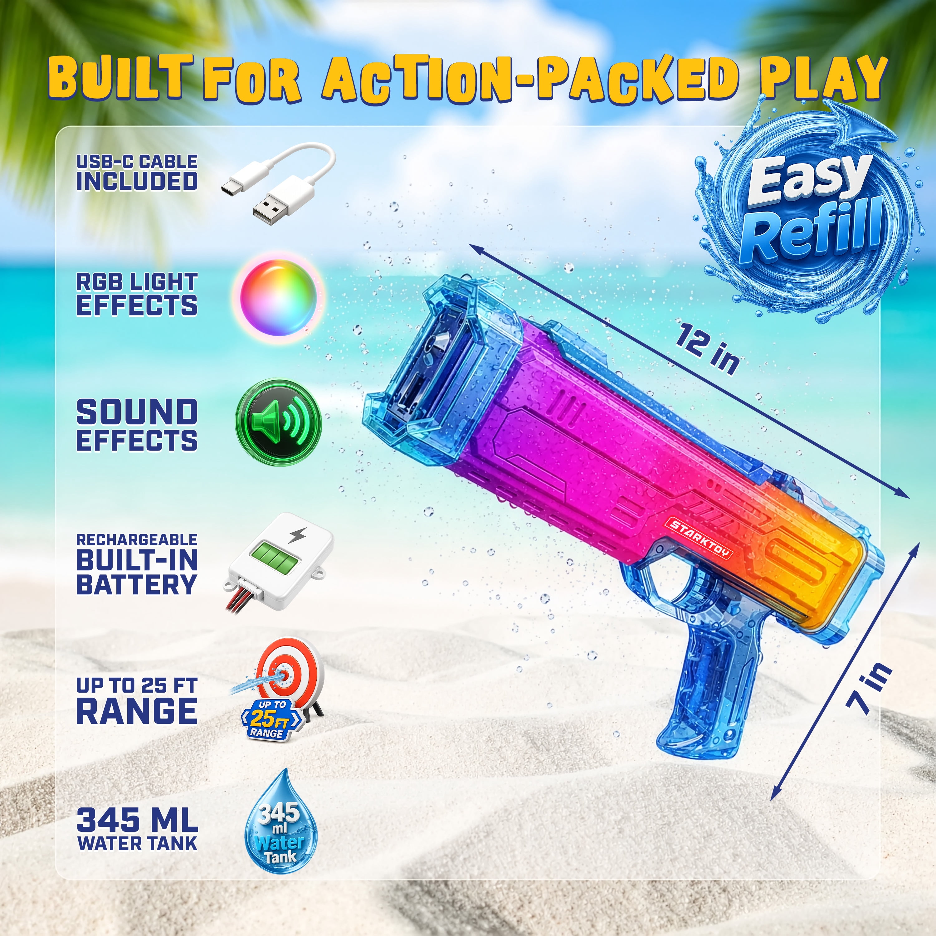 STARKTOY Electric Water Blaster Light Up Full Body Color Changing LED Squirt Gun, Automatic Rechargeable Water Gun for Kids and Adults, Long Range Soaker, Blue