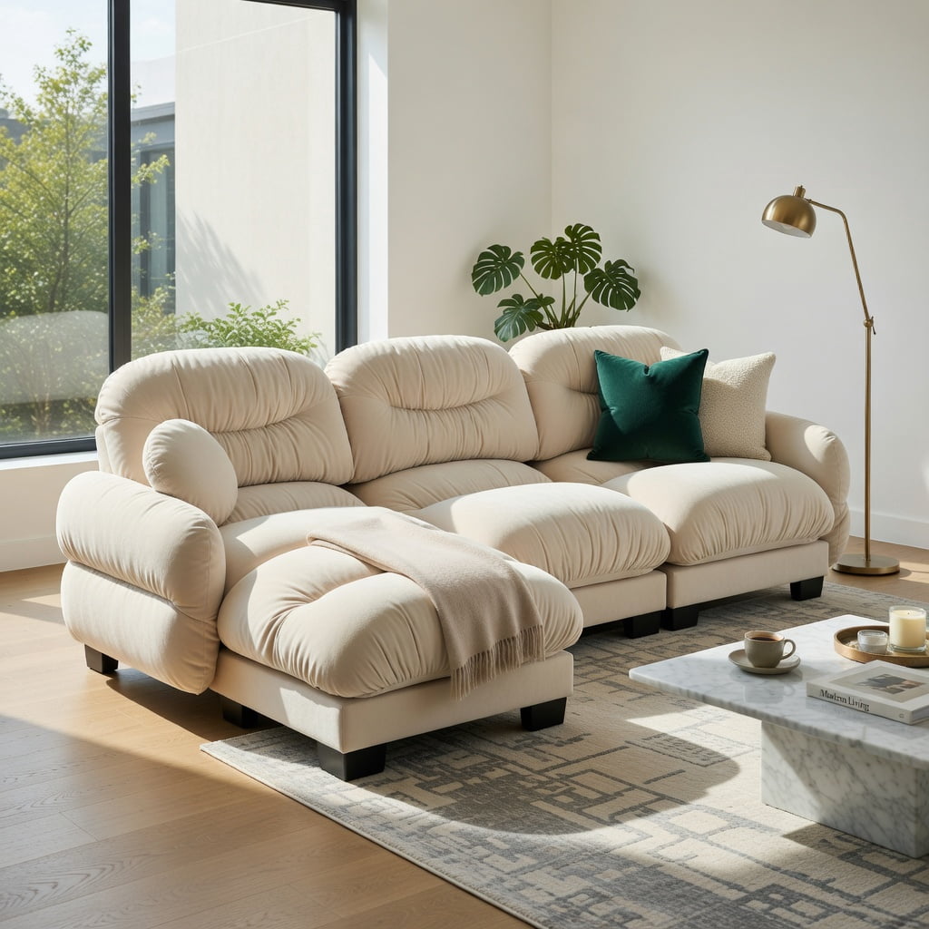 Hommoo Chenille L-Shaped Modular Sectional Sofa with Pleated Back, Ergonomic High-Density Foam Cushions, Curved Armrests, Ottoman & 2 Round Throw Pillows, 3-Seat Cozy Living Room Couch, Beige