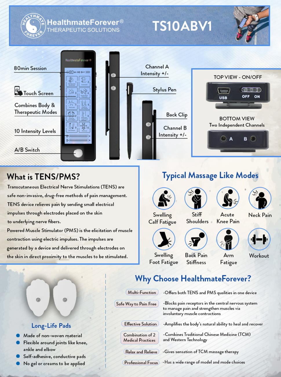 HealthmateForever TS10ABV1 Touch Screen TENS Unit & Muscle Stimulator (Silver)