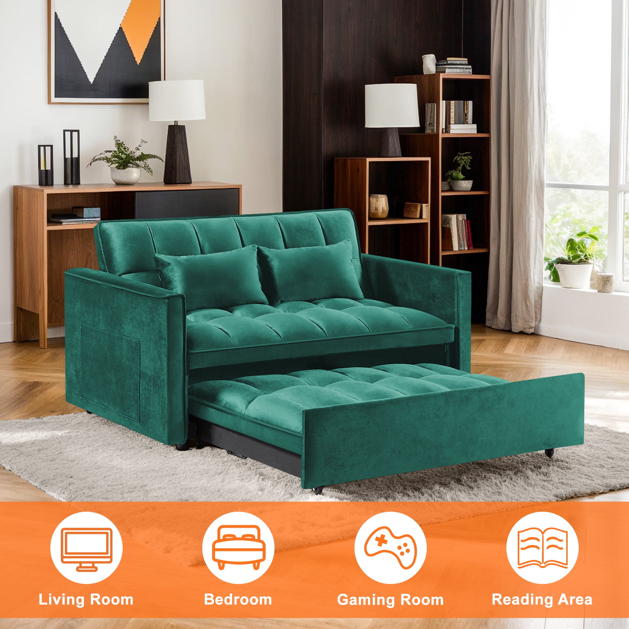 Demi Bonn 3 in 1 Convertible Sleeper Sofa Bed with Side Pocket, Adjustable Backrest Velvet Futon Couches for Living Room, Pull Out Couch, Loveseat, Green