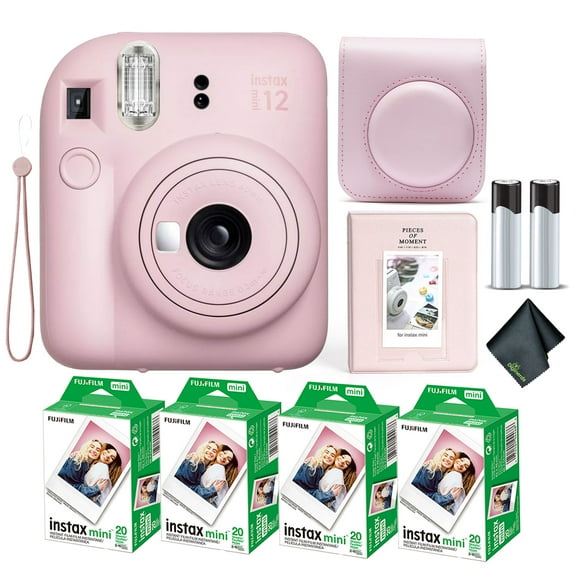 Fujifilm Instax Mini 12 Instant Camera Blossom Pink Bundle with Fuji Instax Mini Film Value Pack (80 Sheets)   Protective Carrying Case   Photo Album   Microfiber Cleaning Cloth