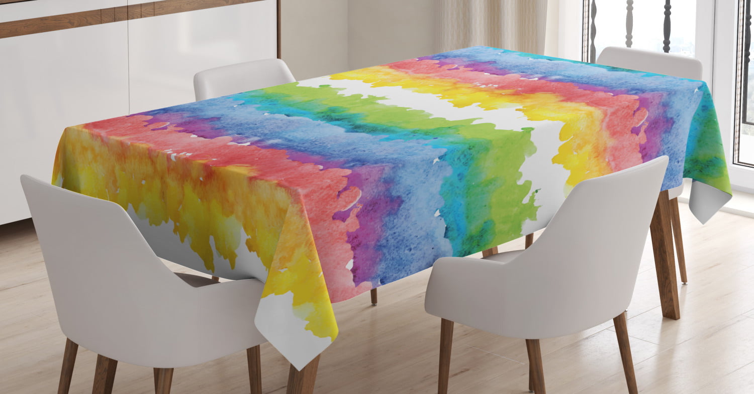 Watercolor Tablecloth, Horizontal Wavy Brushstroke Clouds Queer Rainbow ...