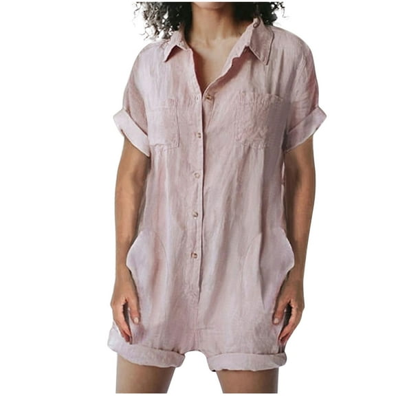 ShomPort Jumpsuits for Women Cotton Linen Button down Collared Loose Overalls Short Sleeve Wide Leg One Piece Rompers (X-Large, Pink)
