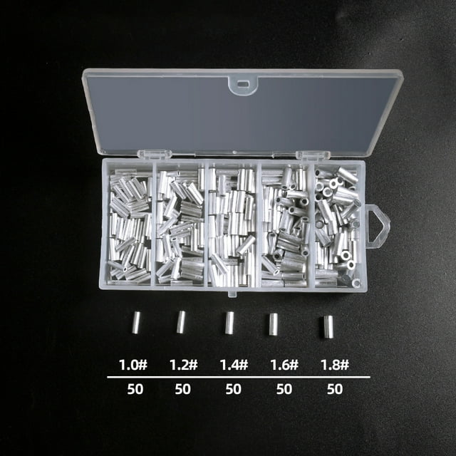 250pcs Aluminum Crimp Sleeves Connector Kit 5 Sizes Single Barrel Crimp Sleeves for Fishing Line