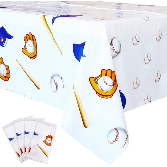4 Pack Baseball Themed Tablecloth, Disposable Plastic Table Cover Party Decorations, 51” x 86” Rectangle Table Cloth for Baseball or Sports Birthday Party Supplies (4 Pcs)