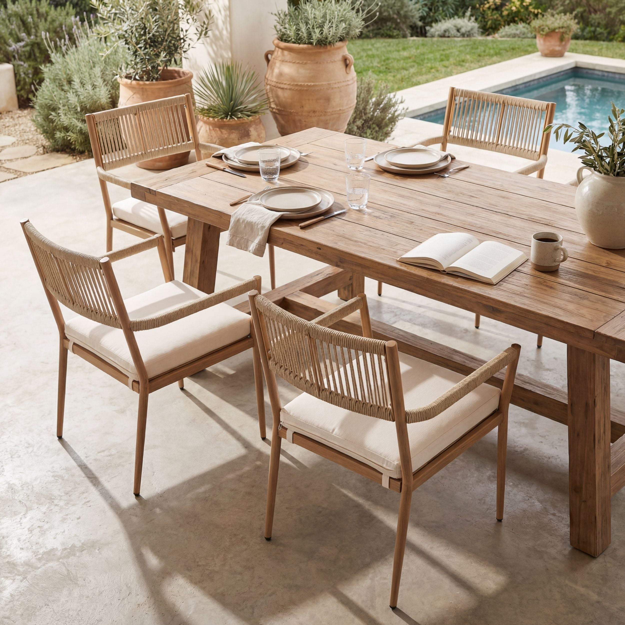 Dayalane Outdoor Dining Chairs Set of 2, Rope Rattan Patio Chairs with Cushions & Armrests, Weather-Resistant Metal Frame for Patio, Balcony/Bistro, Beige