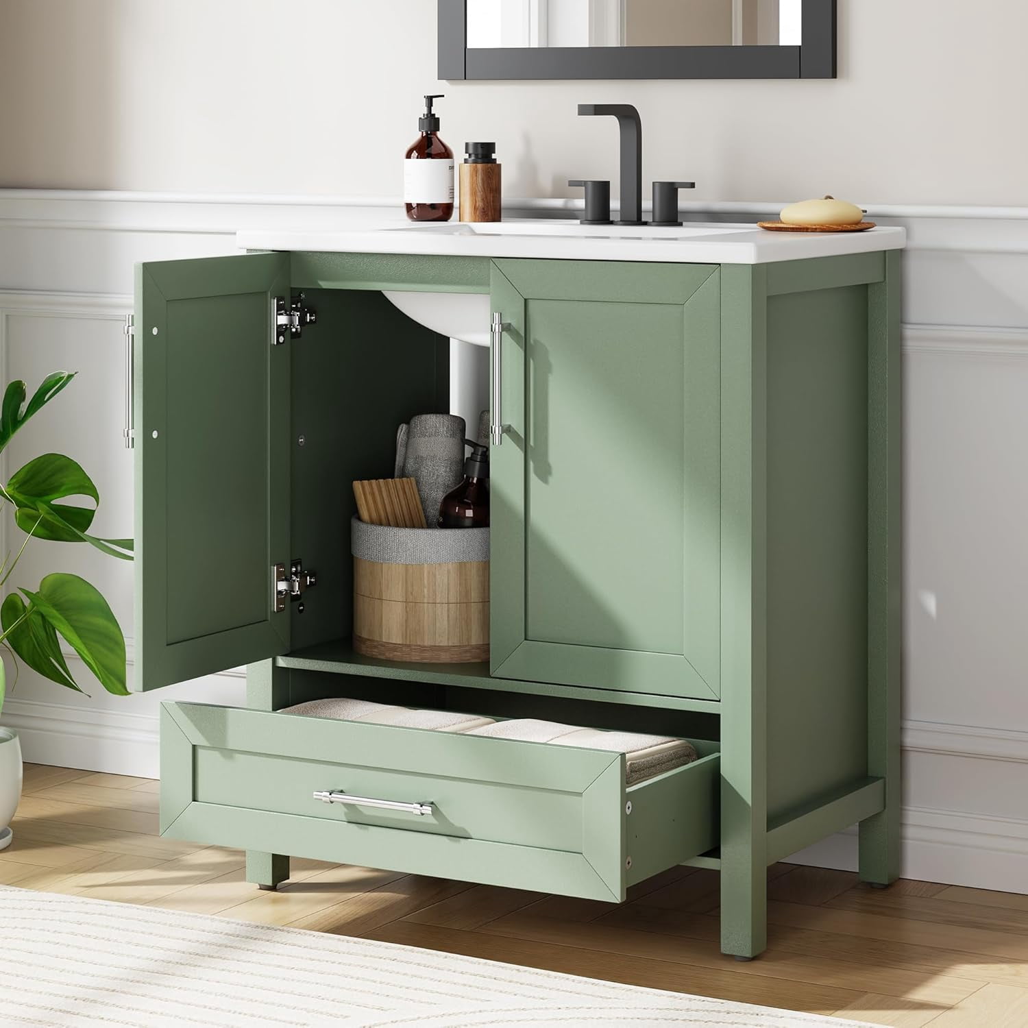 30" Bathroom Vanity with Sink, Vintage Bathroom Cabinet Vanity with Doors & Drawers, Farmhouse Wooden Freestanding Bathroom Cabinet with Top