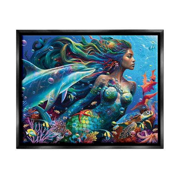 Stupell Industries Mermaid Underwater Sea Life Fairy Tales & Fantasy Painting Black Floater Framed Art Print Wall Art, 21 x 17