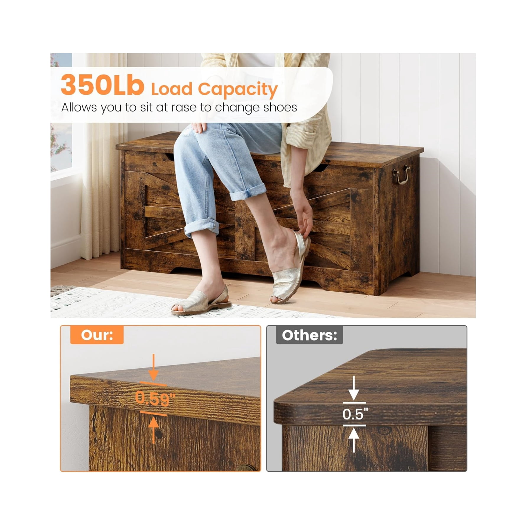 Storage Chest，Wooden Toy Chest，39.4" Storage Bench with Safety Hinge, Entryway Bench Supprots 350 lb,Large Toy Box,Storage Trunk for Living Room, Bedroom, Playroom