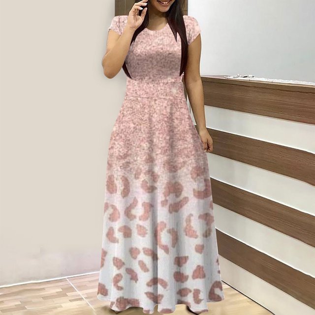 Robes pour Femmes 2024 Été Oversize Col Rond Manches Courtes Imprimé Quotidien Décontracté Vintage Bohème Maxi Robe 50 % de Réduction Liquidation!