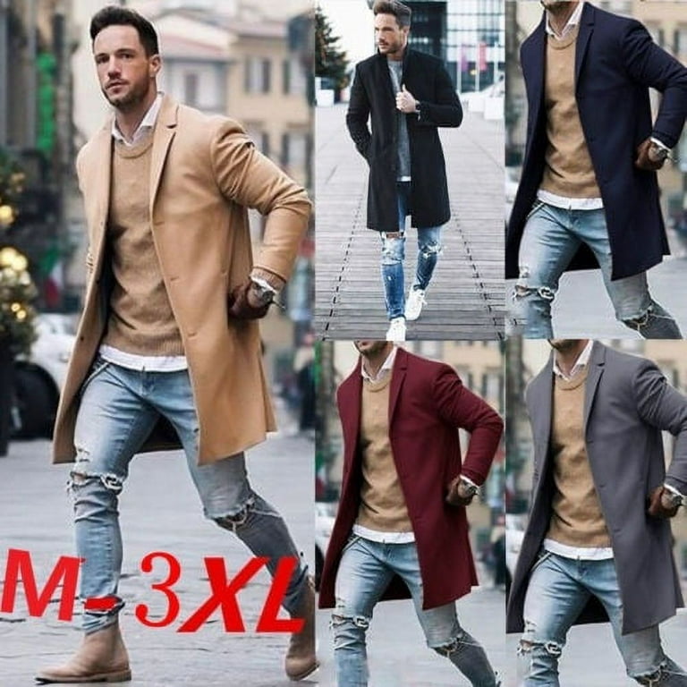 New Fashion Men Wool Coat Winter Trench Coat Outwear Overcoat Long Sleeve  Jacket 