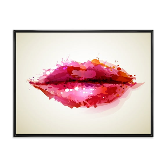 Designart 'Red Girl Lips Formed By Abstract Blots' Modern Framed Canvas Wall Art Print