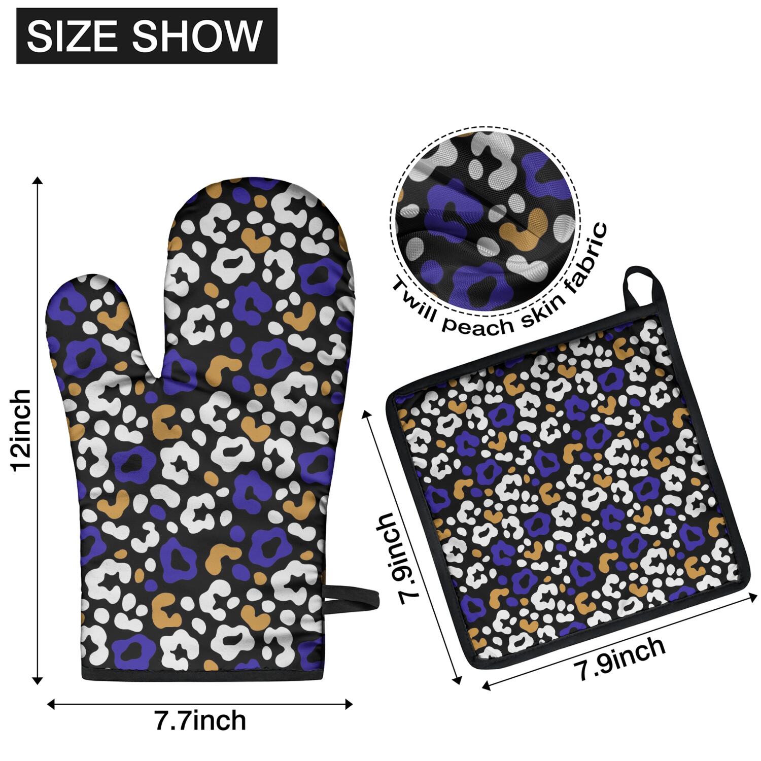 Leopard Print Oven Mitts and Pot Holders Set Of 4, Heat Resistant Kitchen Gloves with Non-Slip Grip, Hanging Loop, Soft Cotton Lining for Baking, Cooking, Grilling, Barbecue