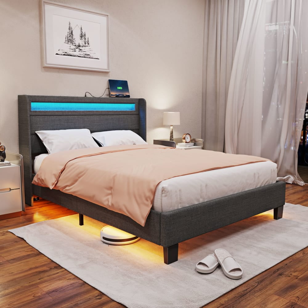 Rolanstar Bed Frame with LED Lights and USB Ports,Upholstered Platform
