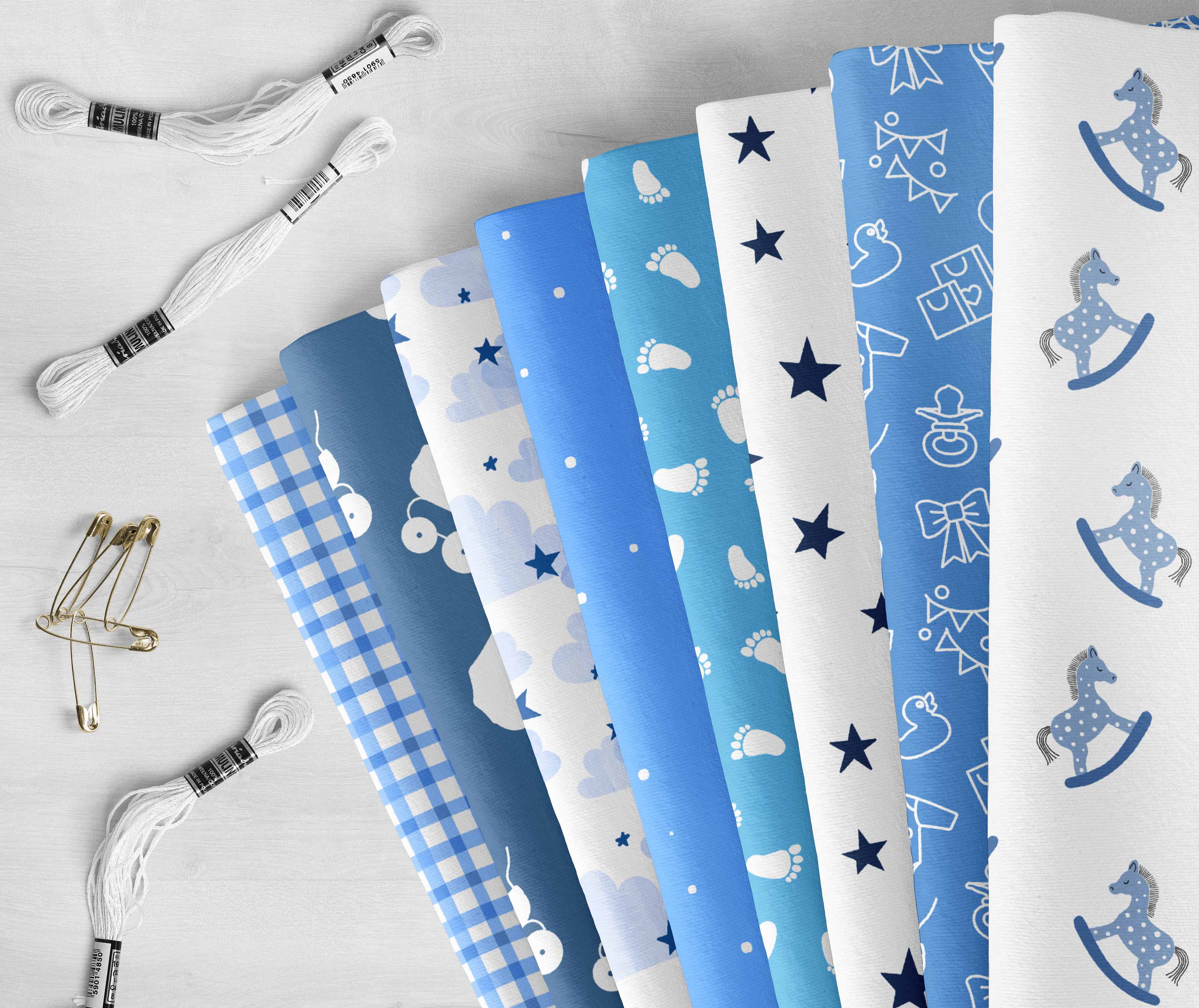 Soimoi 8 Pc Fat Quarter Bundle,Baby BoyPrint 18"x 22"DIY Patchwork-100% CottonPre-Cut Quilting Fabric Blue&White