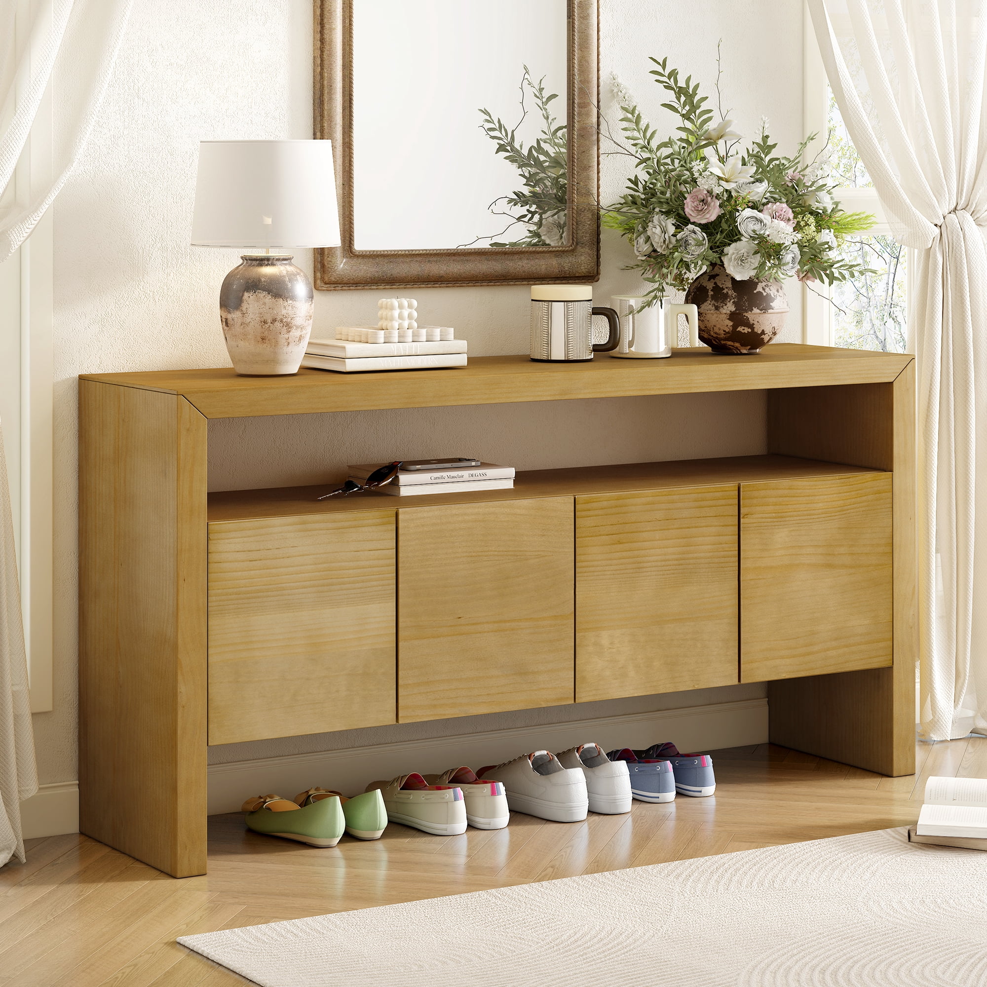 Euroco 60" Sideboard Buffet Cabinet with Storage, Solid Wood Coffee Bar Station Table with 4 Doors and Open Shelf for Living Room,Hallway,Natural