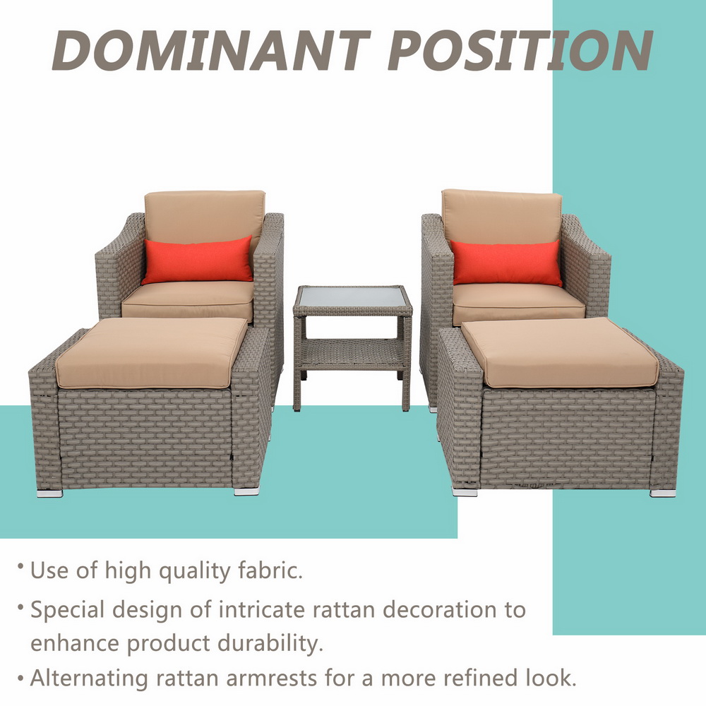 5 Pieces Outdoor Rattan Conversation Sets, Accent Chair with Ottoman and Table Set, Patio Furniture Set with Arm Lounge Chair and Ottomans for Living Room, Garden, Balcony, Backyard, K3435 - image 4 of 11