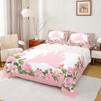 Feelyou Pink Castle Print Twin Sheet Sets for Kids, Romantic Spring Rose Floral Twin Fitted Sheet, Fairy Tale Princess Flat Sheet, Luxury Bedroom Decor, 3pcs