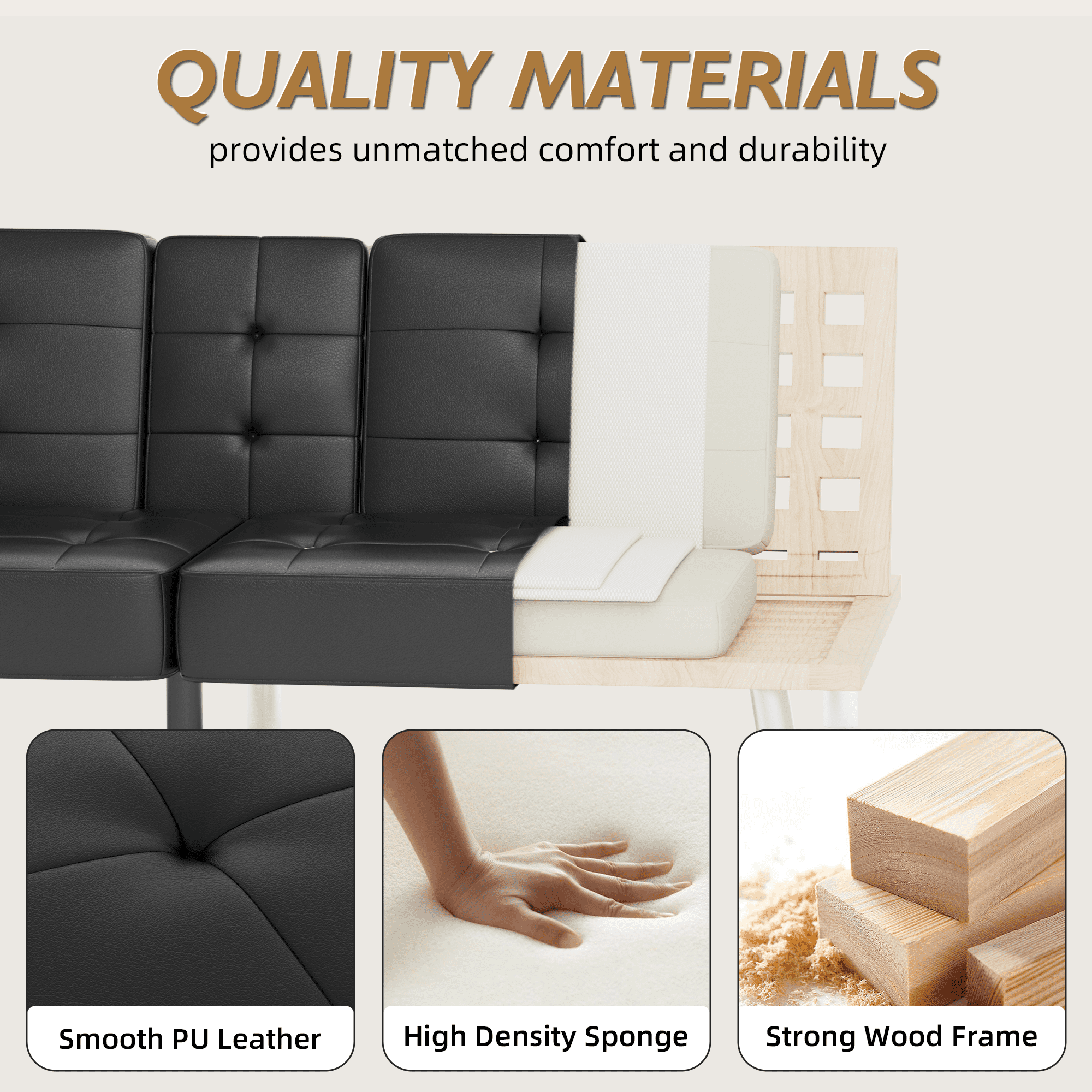 Vineego Modern Faux Leather Couch Convertible Folding Futon Sofa Bed with 2 Cup Holders,Black