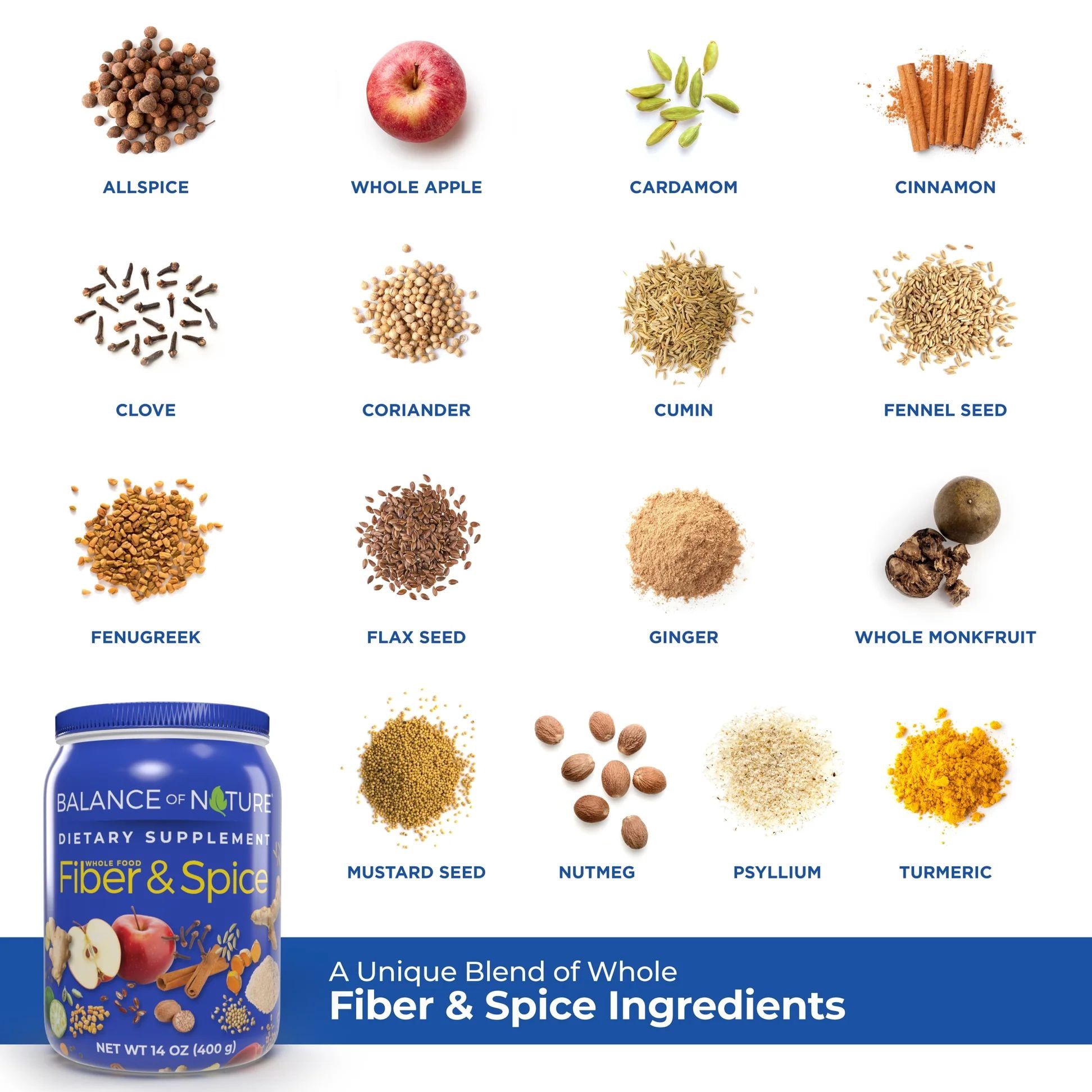 Balance of Nature Psyllium Husk Fiber & Spice with Flax Seed, Turmeric, and Apple - 30 Servings