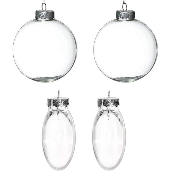 Glass Ball & Flat Ball Ornaments (4Pcs, 2 of Each) - 3.15 Inch 80mm Clear Ball Ornaments for Crafts Ornaments for Christmas Tree Decoration by 4E's Novelty