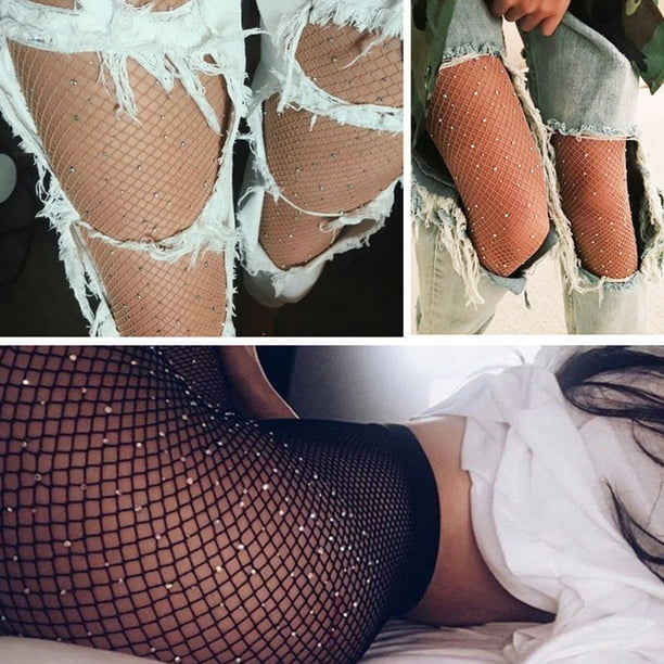 Koszal Women Sexy Rhinestone Decor Fishnet Elastic Stockings Fish Net Tights  Pantyhose 