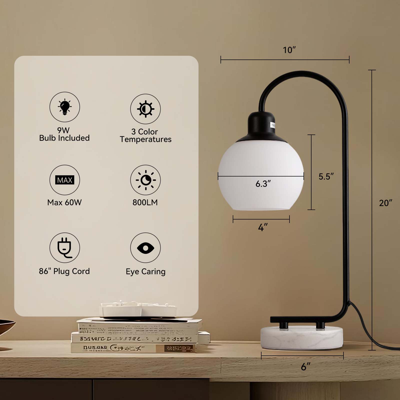 SUNMORY 20" Marble Table Lamp, Modern Desk Lamp with 3 Color Temperatures, Bedside Lamp with Marble Base & Glass Lampshade, Convenient Rocker Switch, Nightstand Lamp for Bedroom, Living Room, Office