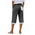 thumbnail image 5 of BUIGTTKLOP Women Cotton Linen Capri Pants Side Split Button Knee Length Long Shorts Ladies Striped Capris, 5 of 6