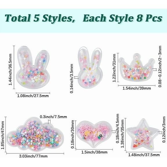 40Pcs 5 Style Sequin Plastic Charms Bulk Flatback Charm Pink Heart Star Cloud Crown Rabbit Shaped Quicksand Decoration Cabochons for Scrapbooking Headwear Hairclips Bow DIY Craft Accessories
